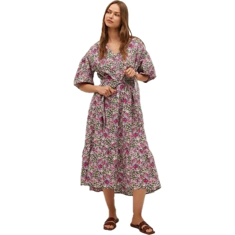 MNG By Mango Linda Dress Midi Pink Ditzy Floral Puff Sleeve - Picture 2 of 11